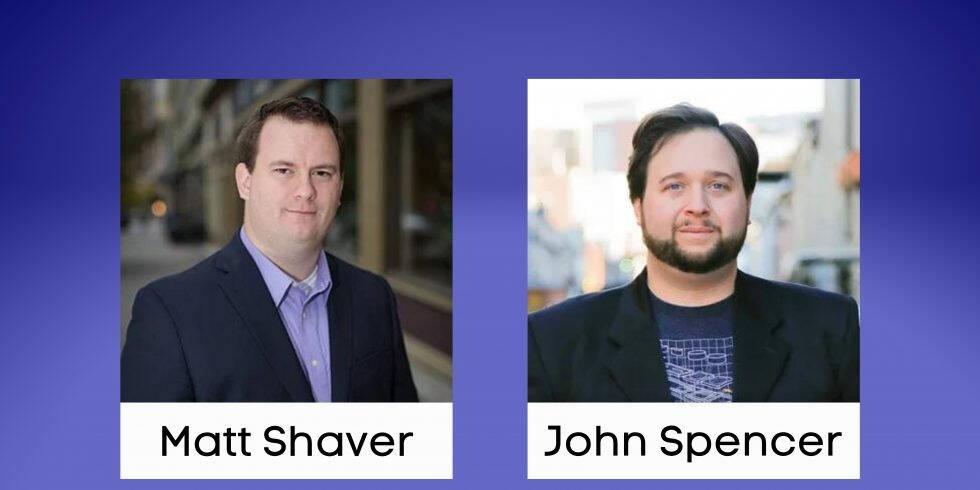 Two individuals are pictured side by side, each in a professional outdoor setting. The person on the left is wearing a suit jacket over a collared shirt, with the name "Matt Shaver" displayed beneath. The person on the right is also wearing a dark blazer